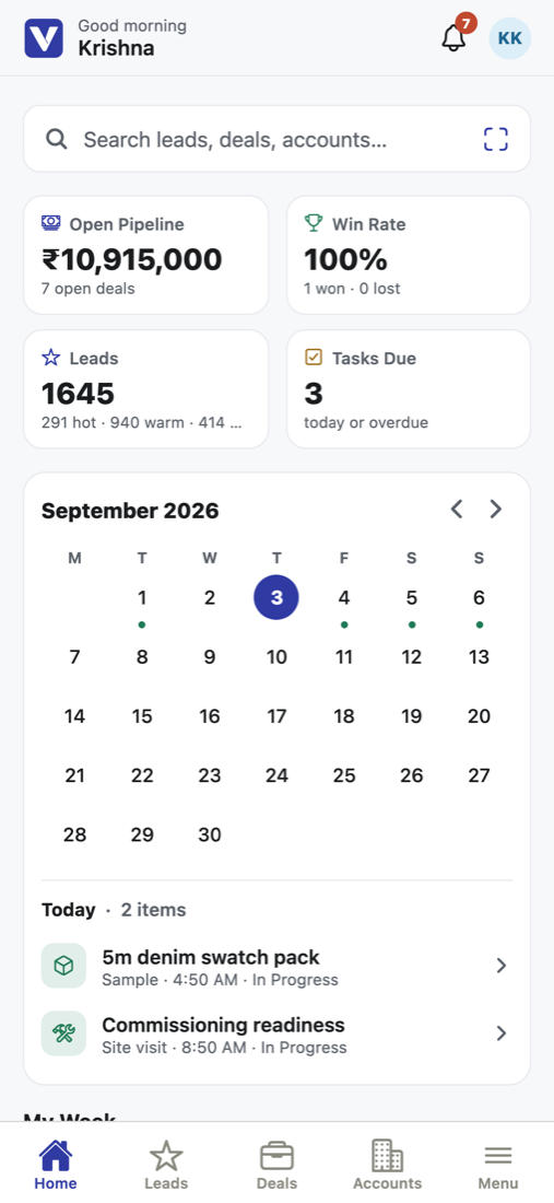 The VIDU CRM mobile app home screen: pipeline and lead KPIs, this month's calendar, and today's sample order and site visit